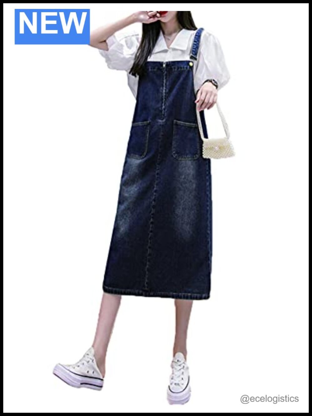 Denim Cotton Jumper Dress Loose Fit Mid-Length Casual A-Line Slit